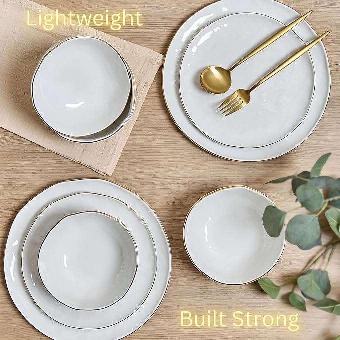 Sango 12-Piece Lightweight Porcelain Dinnerware Set for 4 Glossy Vanilla White Plates and Bowls Sets Gold Rims Farmhouse Ceramic Dish Set Rustic Dishes Microwave and Dishwasher Safe Gansevoort