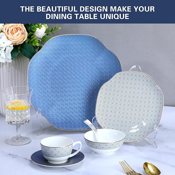 Ceramic Dinnerware Sets for 4 24 Pieces Bone China Plates and Bowls Set with Silver GridScratch Resistant Stoneware Dishes Set with MugsDishwasher &amp Oven Deep Blue