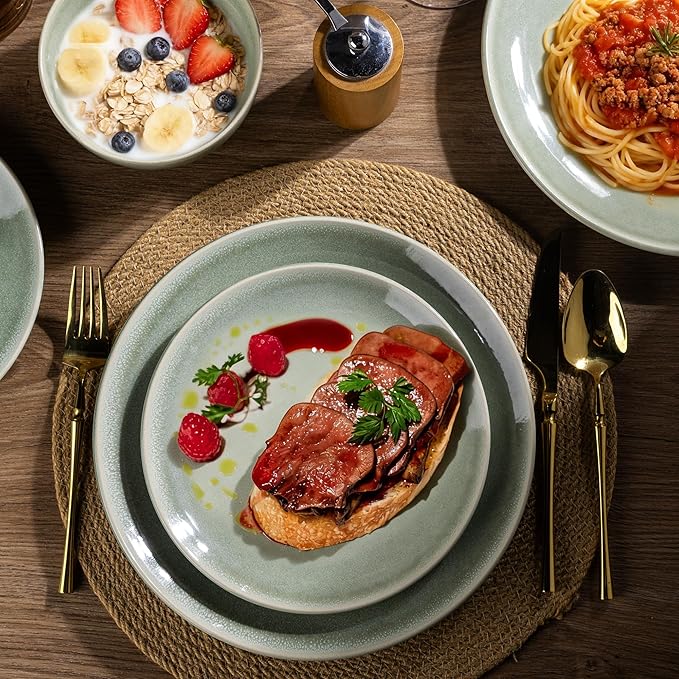 AmorArc Ceramic Dinnerware Sets for 6 18 Pieces Handpainted Plates and Bowls Set Scratch Resistant Stoneware Dishes Set Dishwasher &amp Microwave Safe Olive Green