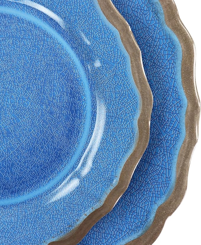 12-Piece Melamine Dinnerware Sets Lightweight &amp Durable Wave-Edge Design Blue Glossy Crackle Finish Dishwasher Safe Ideal for Outdoor Gatherings &amp Daily Use