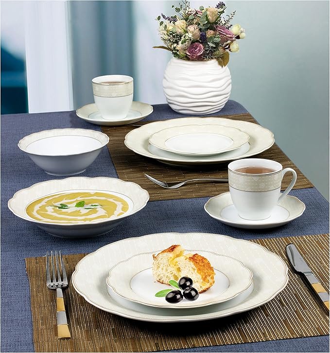 Stylish and Elegant 24 Pieces Porcelain Dinnerware Set Service for 4 People for Hosting Parties and Events - Tova 24 Piece Wavy