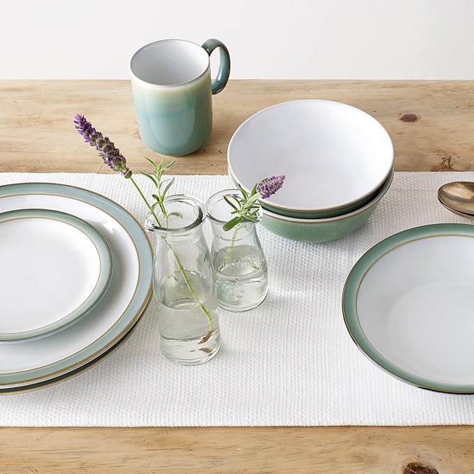 Denby - Regency Green Dinner Set For 4-16 Piece Ceramic Green White Tableware Set - Dishwasher Microwave Safe Crockery Set - 4 x Dinner Plates 4 x Small Plates 4 x Cereal Bowls 4 x Mugs