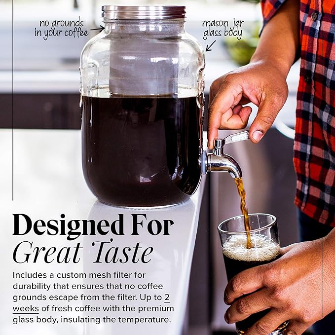 Willow &amp Everett Cold Brew Coffee &amp Iced-Tea Maker Pitcher 1 Gal Glass Dispenser w/Metal Spigot &amp Mesh Filter Iced Coffee &amp Sun Tea Brewing System