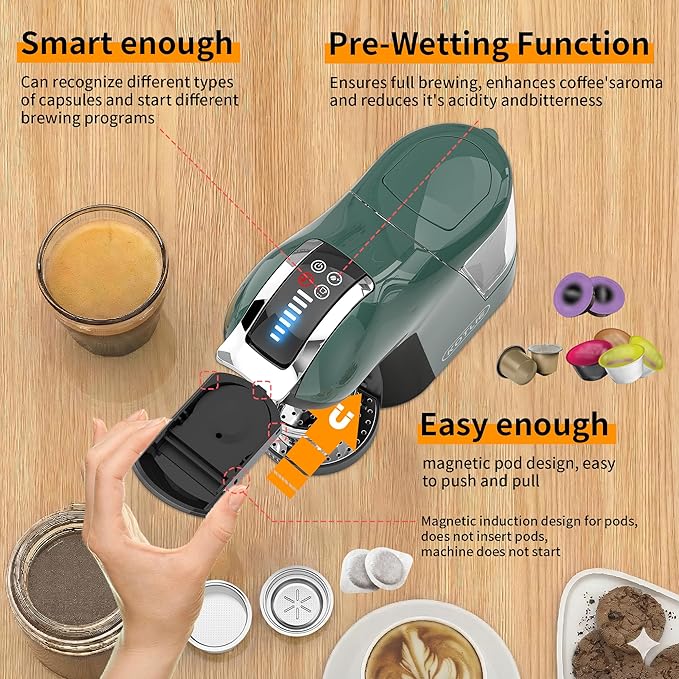 KOTLIE EM-308B Espresso Machine Single Serve Coffee Maker Compatible with Multiple Capsule Types Ground Coffee and ESE Pods 3 Temperatures 7 Water Volume Levels 34 Oz（Green）