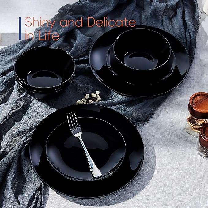 Dinnerware Sets for 4 LaGlint 12 Pieces Opal Glass Plates and Bowls Set Dishwasher and Microwave Safe Dish Dinning Ware Chip and Scratch Resistant Dishware Black