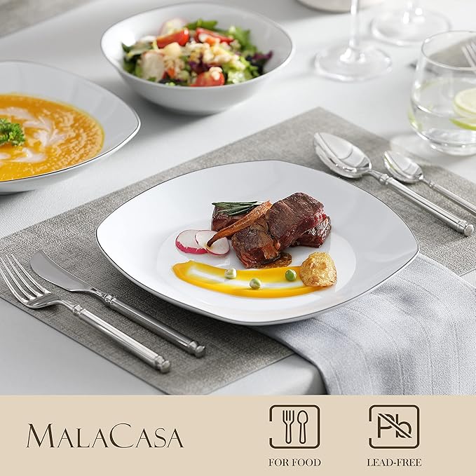 MALACASA Dinnerware Sets 24 Piece Porcelain Square Dishes White with Black Rim Plates and Bowls Sets Ceramic Dish Set for 6 Chip Resistant Dishware Sets Series ELISA