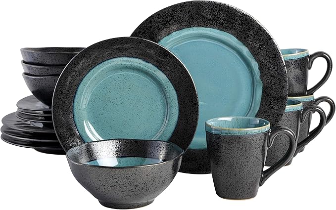 Gibson Elite Dragonstone Round Reactive Glaze Stoneware Dinnerware Set Service for Four (16pcs) Aqua