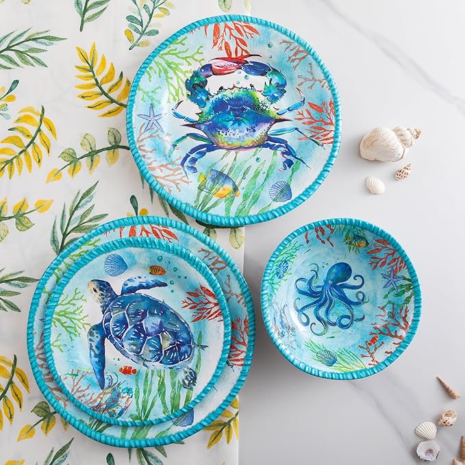 Coastal Dinnerware Sets Ocean Theme Unbreakable Kitchen Plates and Bowls Set Coastal Dishes Lightweight Dinnerware Set RV and Camping dishes set for 4 Dishwasher Safe