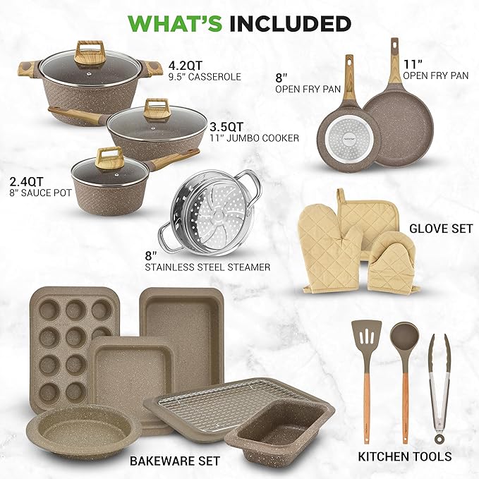Nutrichef 22-Piece Marble Non-Stick Cookware and Bakeware Set - Professional Home Kitchen Collection with Multi-Sized Pots Pans and Heat-Resistant Tools