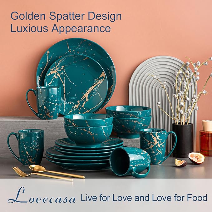 LOVECASA Porcelain Dinnerware Sets for 4 16 PCS Plates and Bowls Set Color Glaze with Gold Plate Dish Set Dinner Sets with Dinner Plates Dessert Plate Bowls and Mugs Dark Green