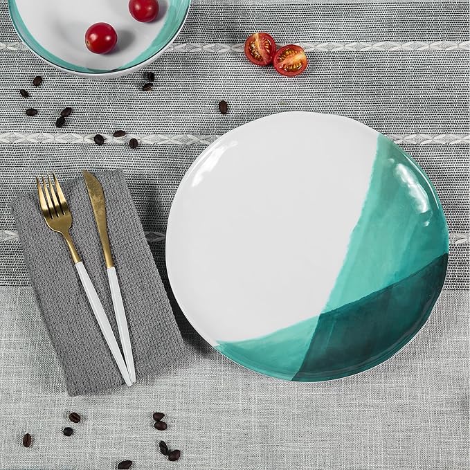 Melamine Plates and Bowls Set - 12pcs Dinnerware Dishes Set for 4 Dinner Plates for Indoor and Outdoor Use Lightweight Break-resistant Green &amp White