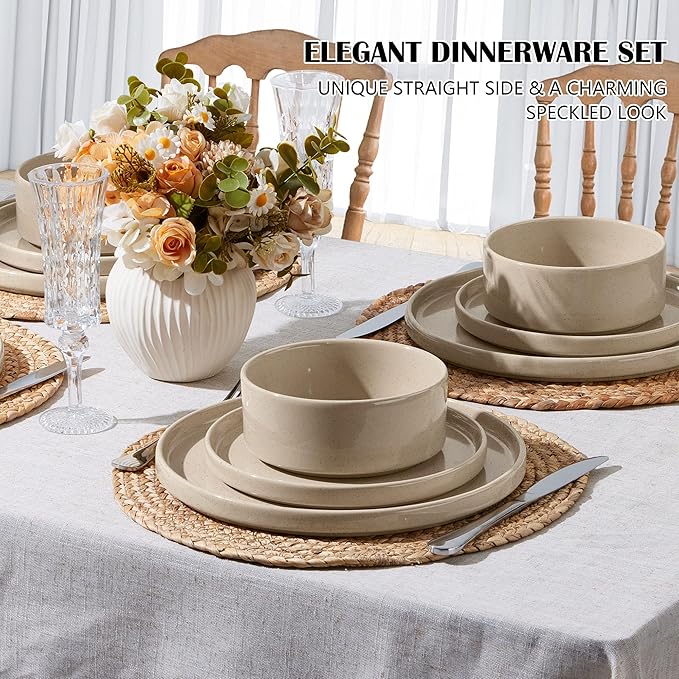 E-far Stoneware Dinnerware Sets 12-Piece Plates and Bowls Dish Set for 4 Kitchen Modern Dinning Ware Chip and Scratch Resistant Microwave &amp Dishwasher Safe Speckled Khaki