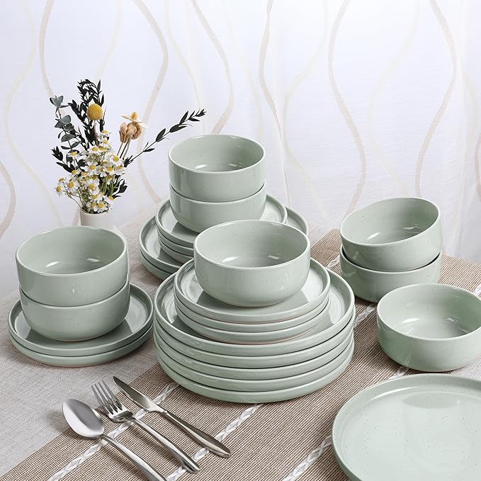 HaWare Dinnerware Sets 28 Pieces Stoneware Plates and Bowls Set Ceramic Dish Set for Home Restaurant Chip and Scratch Resistant Microwave &amp Dishwasher Safe Speckled Asparagus Green