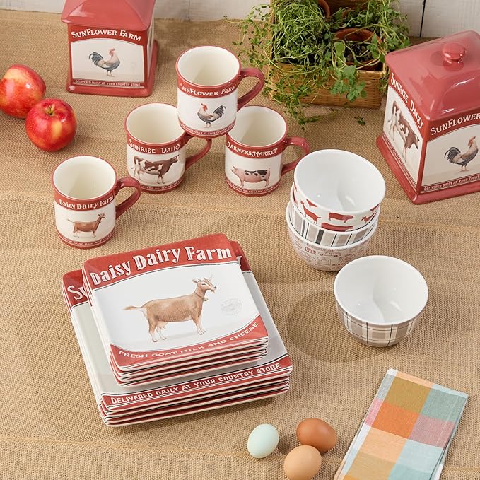 Vintage Farm 16-Piece Dinnerware Set Includes 10.5-Inch Dinner Plates 8.5-Inch Salad Plates 16-Oz Mugs &amp 5.25-Inch Bowls Farm Animal Design with Red Accents Rustic &amp Dishwasher Safe