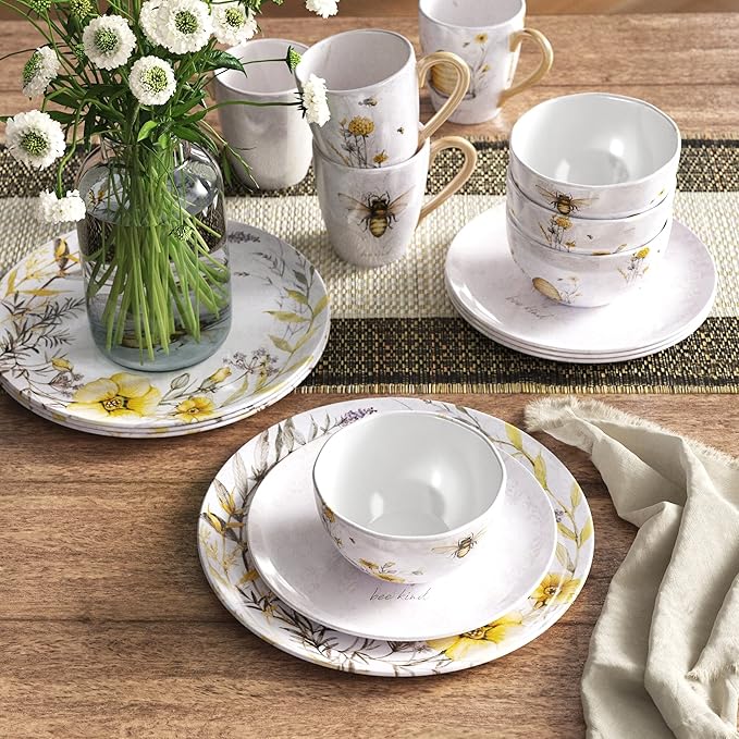 Bee Sweet 16-Piece Ceramic Dinnerware Set – Service for 4 Farmhouse Bee and Floral Design Includes 4 Dinner Plates 4 Salad Plates 4 Bowls 4 Large Mugs – Microwave &amp Dishwasher Safe