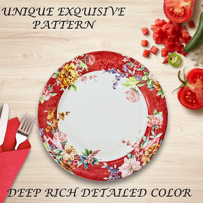 Tudor Royal 16-Piece Porcelain Round Dinnerware Set Service for 4 Crimson Design Summer Floral Plates Bowls Mugs Dishes Glossy Premium Quality Tableware Unique Pattern
