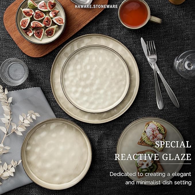 HaWare Dinnerware Sets 6-Piece Plates and Bowls Set Stoneware Dish Set for 2 Ceramic Dinnerware for Home Restaurant Chip and Scratch Resistant Microwave and Dishwasher Safe Saturn Khaki