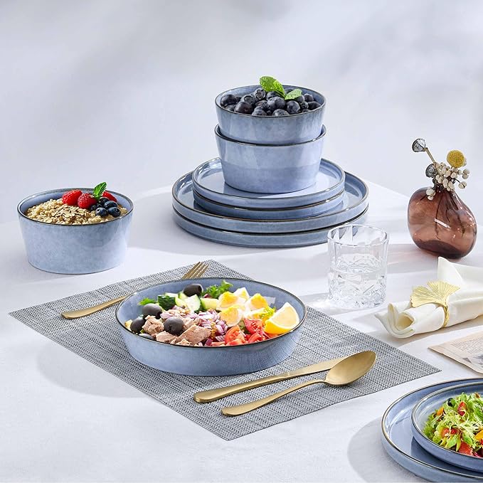 Herogo Dinnerware Sets with Pasta Bowls for 4 16 Piece Dinner Salad Plates and Cereal Serving Bowls Stoneware Dishes Dinner Ware for Home Kitchen Dishwasher &amp Microwave Safe Haze Blue