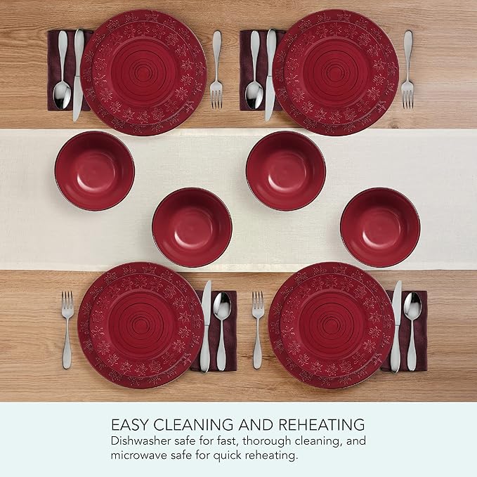 Pfaltzgraff Trellis Snowflakes 12 Piece Dinnerware Set Service For 4 Red