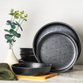 bzyoo 12 Piece Melamine Dinnerware Set - Durable Dishwasher Safe Black Plates and Bowls - Casual Dining Parties Camping Dish Set Mono Black Collection