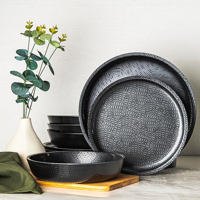 bzyoo 12 Piece Melamine Dinnerware Set - Durable Dishwasher Safe Black Plates and Bowls - Casual Dining Parties Camping Dish Set Mono Black Collection