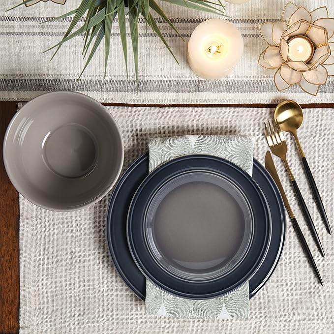 Mason Craft &amp More Festival Dinnerware Collection- Round Durable Stoneware Bold Colorful Ombre Glaze Plates Bowls 12 Piece Festival Dinnerware Set in Shadow Grey