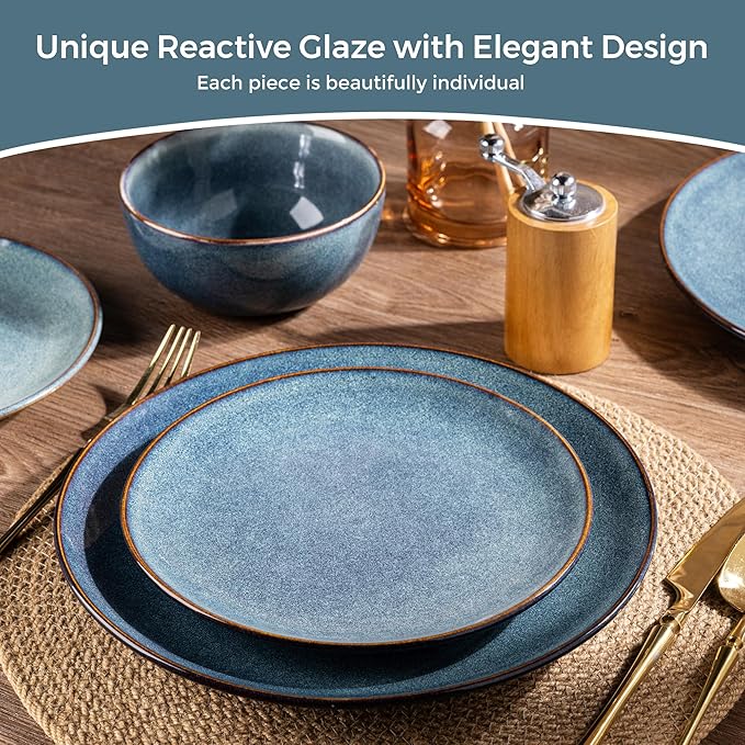 AmorArc Ceramic Dinnerware Sets for 6 18 Pieces Handpainted Plates and Bowls Set Scratch Resistant Stoneware Dishes Set Dishwasher &amp Microwave Safe Ceylon Blue