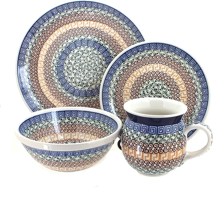 Blue Rose Polish Pottery - Brown Athena 4 PC Place Setting - Service for 1-1 Place Setting - Great for Everyday Dining Casual Dining or as Formal Dinnerware