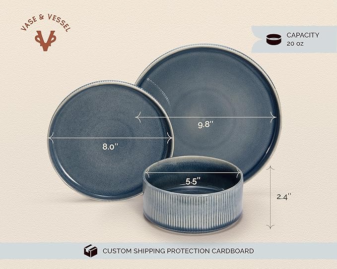 Ceramic Dinnerware Set by Vase and Vessel 12-Piece Service for 4 9.8” Dinner Plates 8” Salad Plates 20 oz Bowls Ombre Reactive Glaze Durable Stoneware Microwave &amp Dishwasher (Denim)