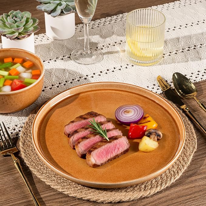 GBHOME Ceramic Dinnerware Sets for 8 24 Pieces Stoneware Plates and Bowls Sets Scratch Resistant Dishes Dishwasher &amp Microwave Safe Reactive Glaze-Amber