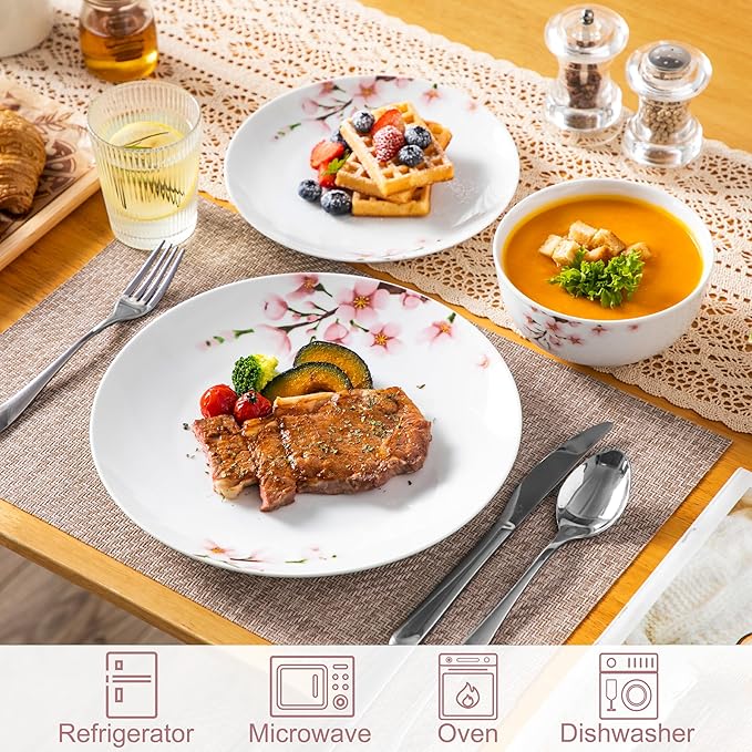 VEWEET Porcelain Dinnerware Sets for 4 12 Pieces Plates and Bowls Set with Pink Floral Kitchen Dishes Set Dining Ware for Family Microwave and Dishwasher Safe Series ANNIE