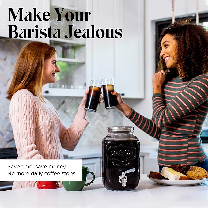 Willow &amp Everett Cold Brew Coffee &amp Iced-Tea Maker Pitcher 1 Gal Glass Dispenser w/Metal Spigot &amp Mesh Filter Iced Coffee &amp Sun Tea Brewing System