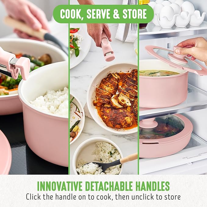 GreenLife 10 Piece Nonstick Pots &amp Pans Set Detachable Handle &amp Stackable Cookware Set Non Toxic PFAS-Free Skillets Induction Kitchen Pans Space Saving Serving Bowls Oven Safe Light Pin