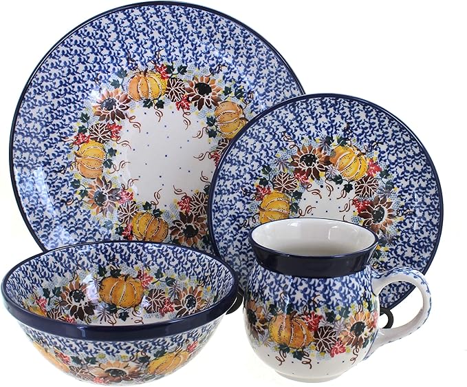 Blue Rose Polish Pottery - Brown Harvest Bounty 4 PC Place Setting - Service for 1-1 Place Setting - Great for Everyday Dining Casual Dining or as Formal Dinnerware