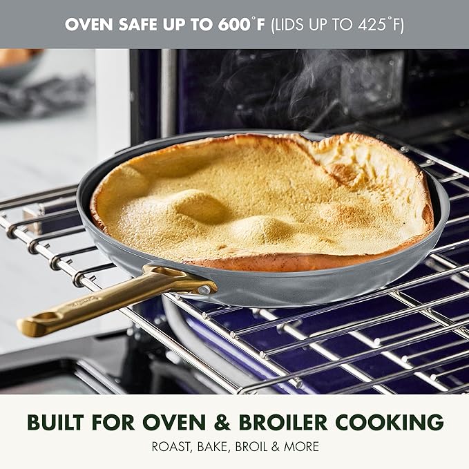GreenPan Hard Anodized Healthy Ceramic Nonstick 8 Piece Cookware Pots and Pans Set Gold-Tone Stainless Steel Handles PFAS &amp PFOA-Free Dishwasher Safe Oven &amp Broiler Safe Charcoal