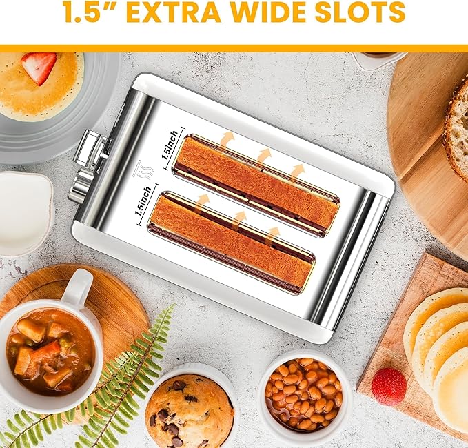 Simple Deluxe 2-Slice Toaster Stainless Steel Extra Wide Slot Toaster with Removable Crumb Tray 6 Browning Setting and 3 Function White