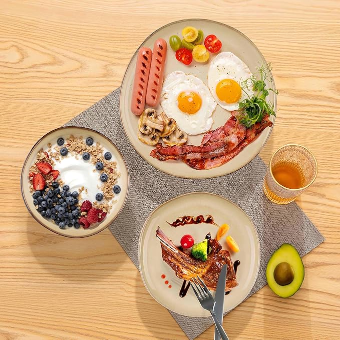Herogo 12pcs Stoneware Dinnerware Sets for 4 Irregular Handmade Dinner Plates and Bowls Kitchen Dining Dish Dishware Set Microwave &amp Dishwasher Safe Cream Khaki