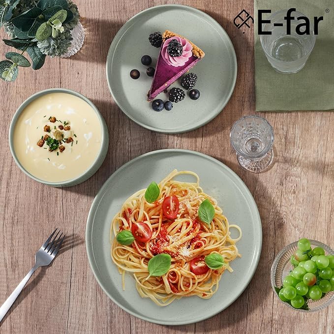 E-far Stoneware Dinnerware Sets 12-Piece Plates and Bowls Dish Set for 4 Kitchen Modern Dinning Ware Chip and Scratch Resistant Microwave &amp Dishwasher Safe Speckled Green