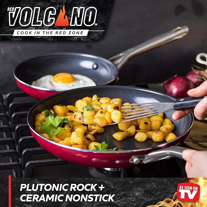Textured Ceramic Nonstick 7 &amp 10 Frying Pan Skillet Set with Stainless Steel Handles PFAS PFOA &amp PTFE Free Dishwasher Safe Oven &amp Broiler Safe to 600 Degrees Red