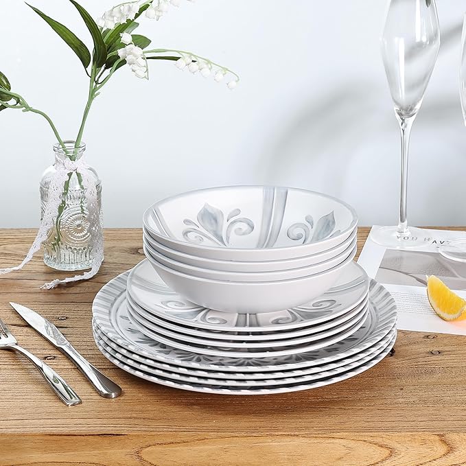 Melamine Dinnerware Set12pcs Embossed Plates and Bowls Sets Plastic Dinnerware Dishes Set for 4 Lightweight Unbreakable Dishwasher SafeWhite&ampGrey