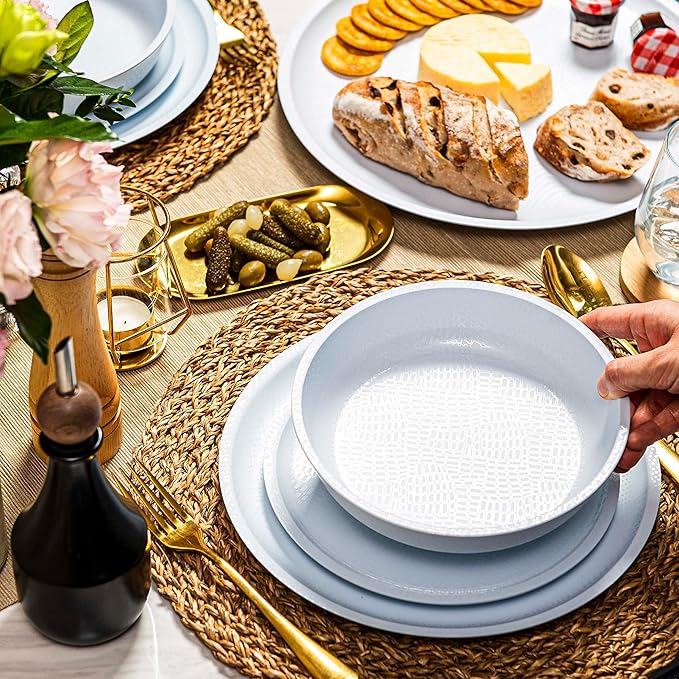 bzyoo 12 Piece Melamine Dinnerware Set - Durable Dishwasher Safe White Plates and Bowls - for Casual Dining Parties Dish Set White Mono Collection