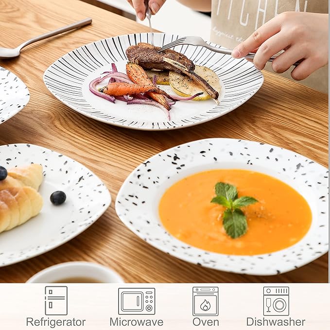 VEWEET Series BESLEY 30-Piece Ivory White Black Lines Porcelain China Ceramic Dinner Combi-Set with Dessert Plates/Soup Plates/Dinner Plates/Cups/Saucers Service for 6