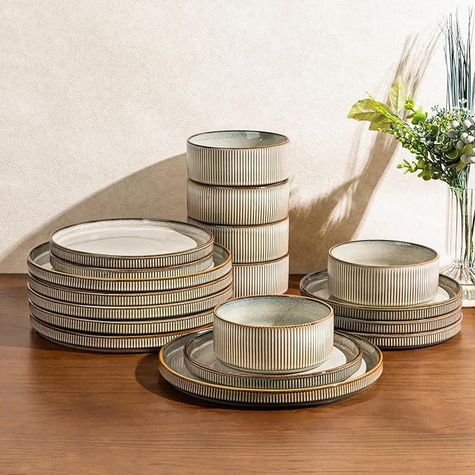 GBHOME 18-Piece Stoneware Dinnerware Set for 6 – Ribbed Ceramic Plates and Bowls Scratch-Resistant Microwave &amp Dishwasher Safe Reactive Glaze Mist Green