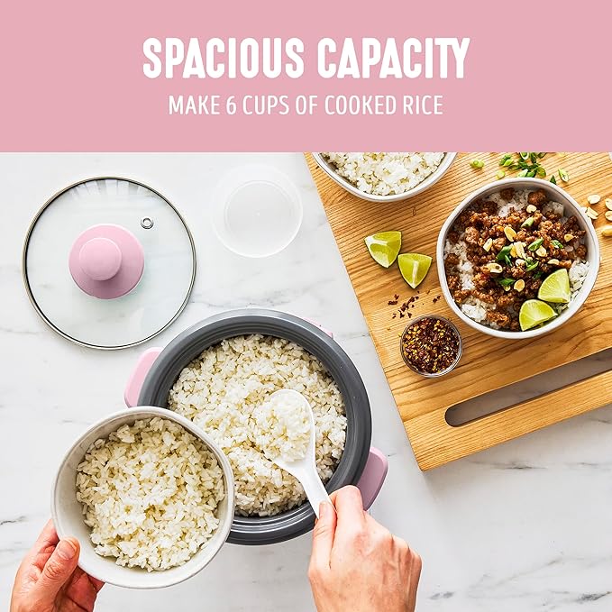 GreenLife Rice Cooker with Removable PFAS-Free Ceramic Nonstick Pot 3-Cups Uncooked/6-Cups Cooked Grains &amp Oatmeal Multicooker Compact One-Switch Design Auto Keep Warm Easy Clean Pink