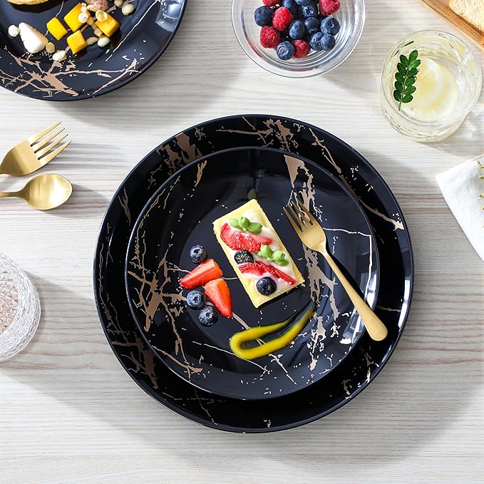LOVECASA Plates and Bowls Sets for 4 12 Pieces Porcelain Dinnerware Sets Black and Gold Dish Set Gold Splash Dishware Sets Dishwasher Microwave Safe