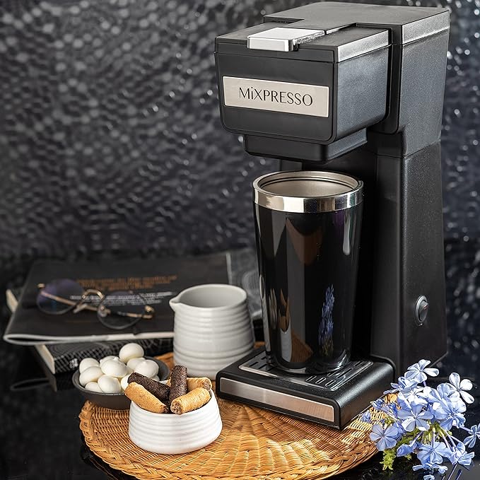 Mixpresso Coffee Maker Single Serve For Ground Coffee &amp Compatible With K Cup Pods With 14oz Travel Mug &amp Reusable Filter For Home Office &amp Camping.