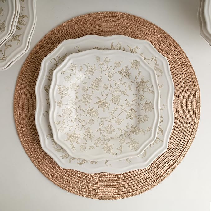 222 Fifth 12-Piece Porcelain Dinnerware Set for 4 Glossy Cream Plates and Bowls Set with Taupe Flowers Elegant Square Ceramic Dish Set Kitchen Tableware Microwave &amp Dishwasher Safe Batik Toil