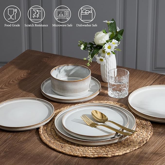 E-far Stoneware Dinnerware Sets 18-Pieces Modern Plates and Bowls Sets Kitchen Dinning Porcelain Dishes Set for 6 Chip &amp Scratch Resistant Dishwasher &amp Microwave Safe Creamy Beige