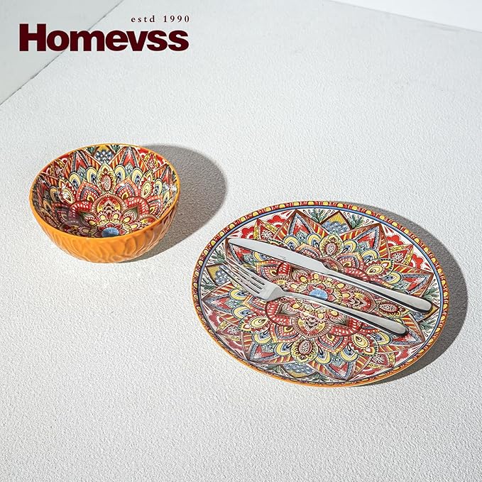 Homevss 20 Pieces Dinnerware Sets Plates and Bowls Set Porcelain Dishes Set for 4 Microwave and Dishwasher Safe Scratch Resistant Bohemian Style Dining Ware