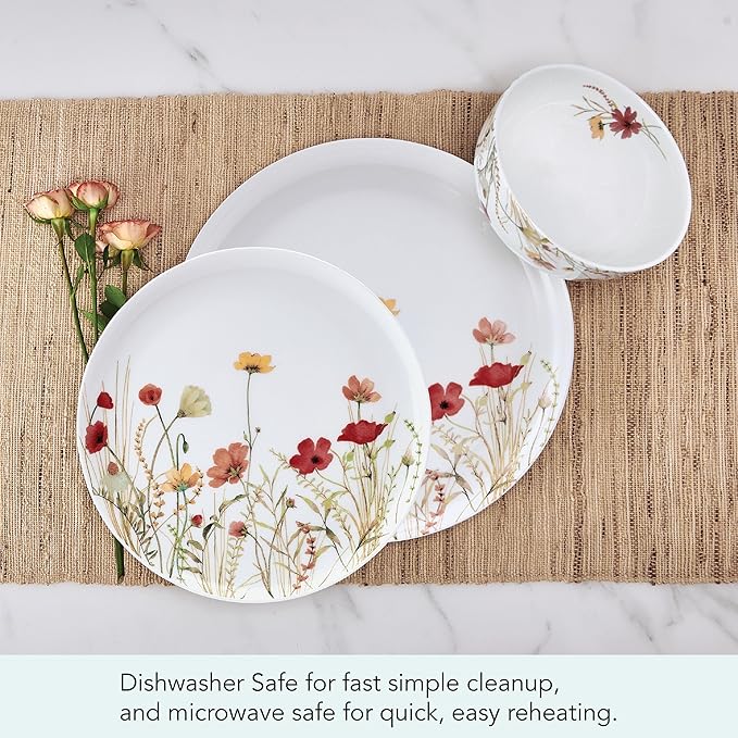 Mikasa Meadow Serenade 12 Piece Floral Bone China Durable Chip Resistant Lightweight Dinnerware Set Service for 4